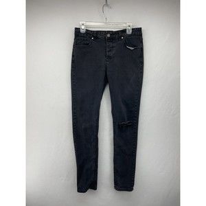 SOVEREIGN CODE JEANS MENS SIZE 31 SLIM FIT BUTTON FLY LOW RISE BLACK DISTRESSED